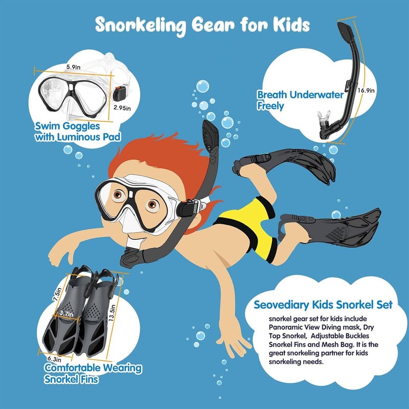 Seovediary Kids Snorkel Set, Mask Fins Snorkeling Gear for Kids Anti-Fog Swim Goggles 180 Panoramic View Dry Top Snorkel and Dive Flippers Combo with Travel Bag for Snorkeling Training Swimming Diving - Image 4